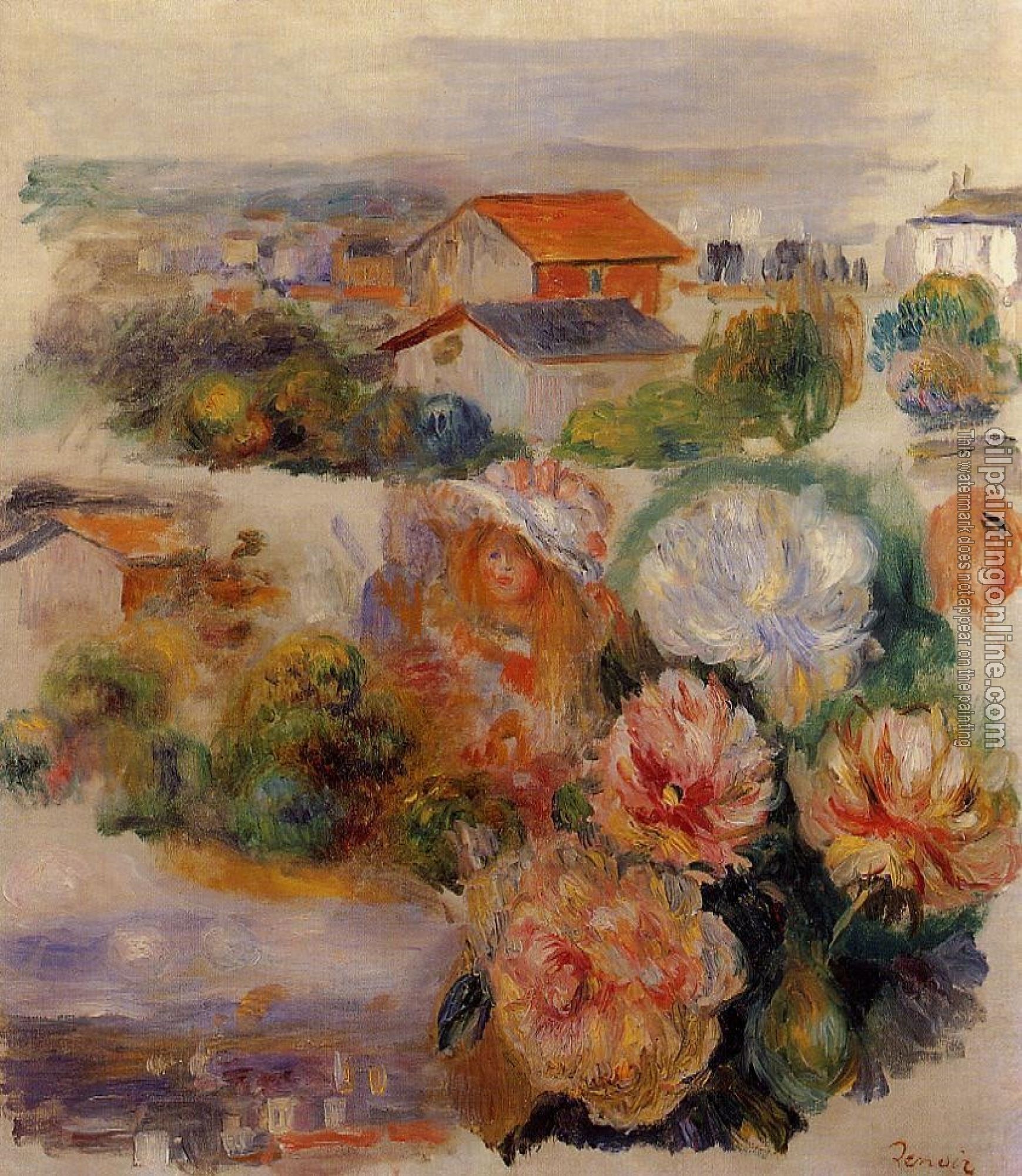 Renoir, Pierre Auguste - Landscape, Flowers and Little Girl